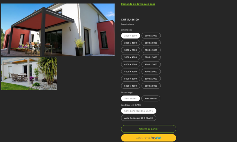 capture d'écran de la vente en ligne pour une pergola