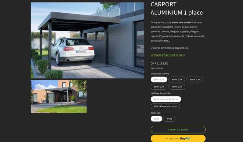 capture d'écran de la vente en ligne pour un carport